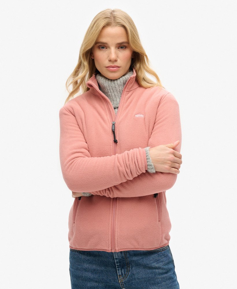 jaqueta de lã polar com zíper frontal completo na cor rosa acinzentado
