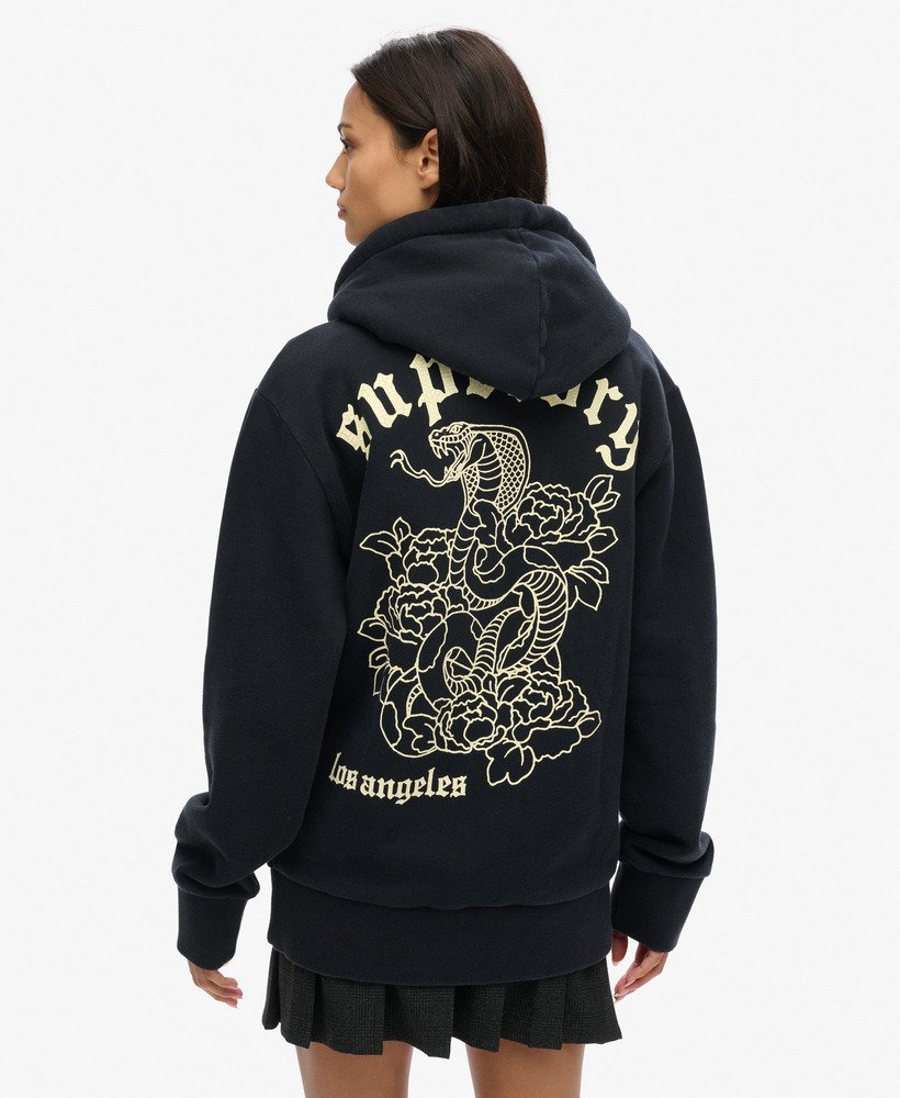 moletom com capuz e zíper oversized com estampa de tatuagem na cor preto jato