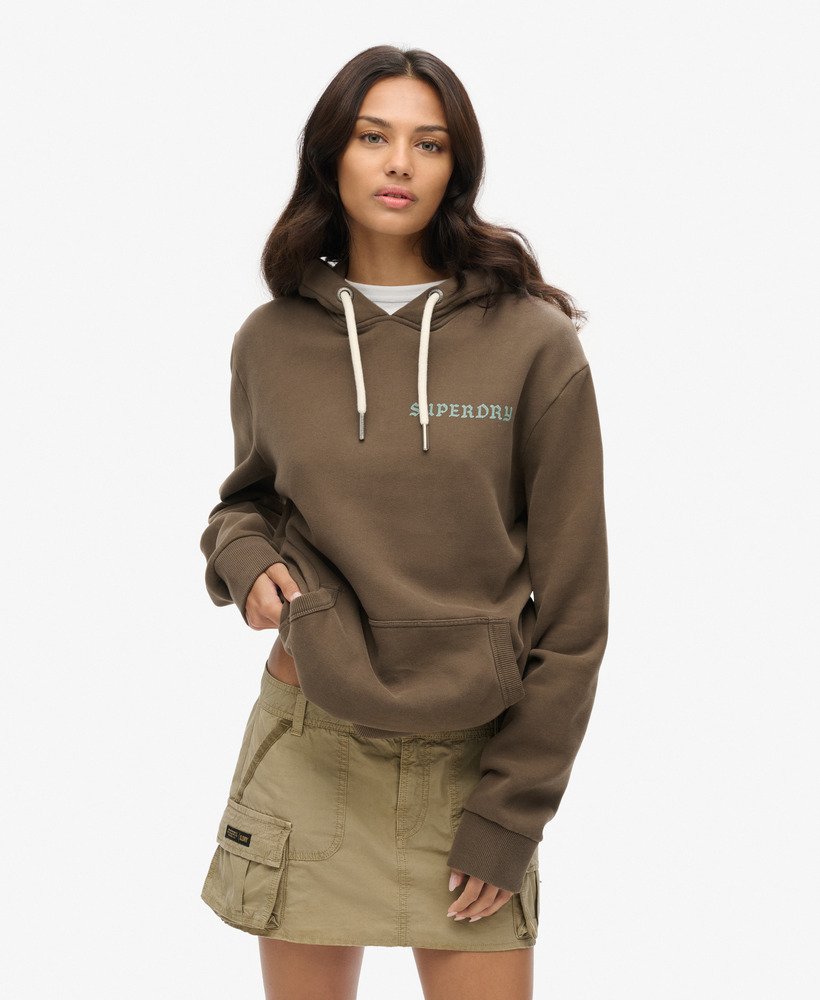 moletom oversized com estampa de tatuagem na cor cáqui escuro.