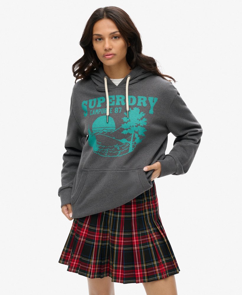 moletom oversized com capuz e estampa para atividades ao ar livre na cor cinza granito mesclado.