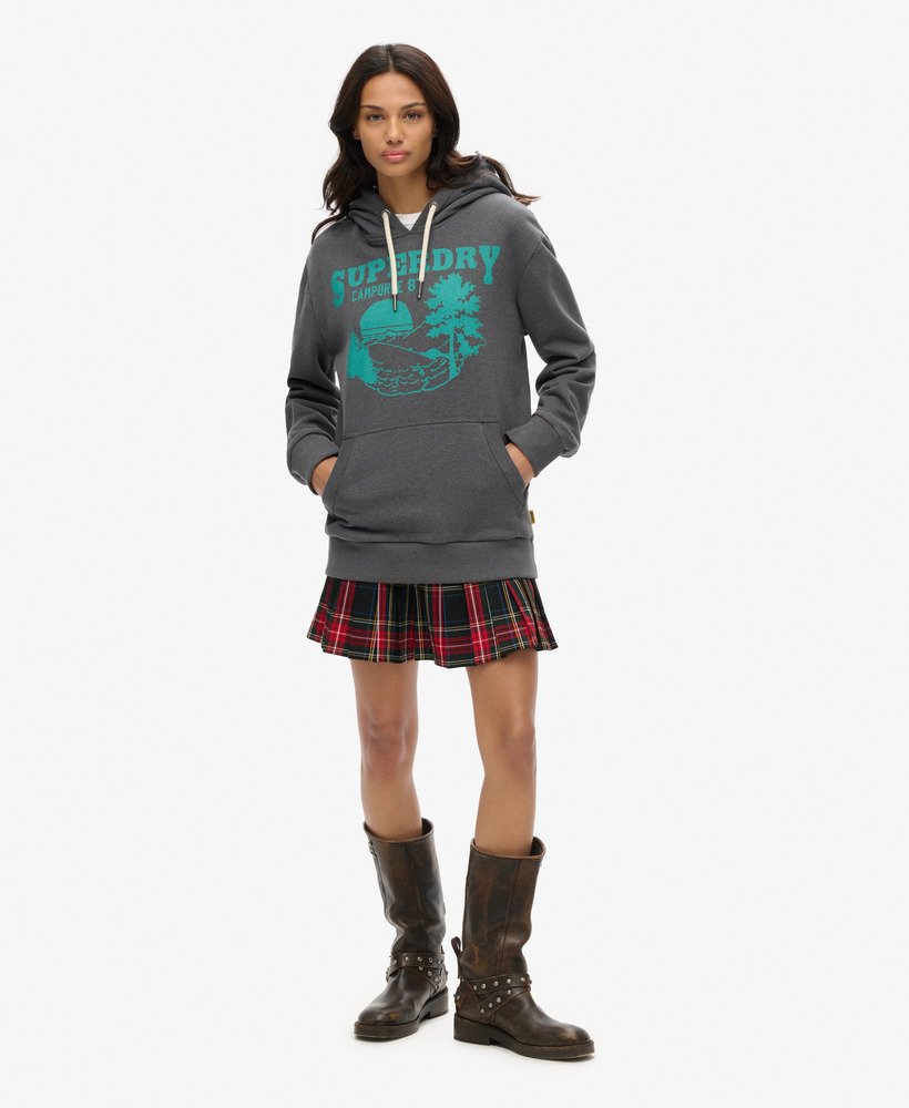 moletom oversized com capuz e estampa para atividades ao ar livre na cor cinza granito mesclado.