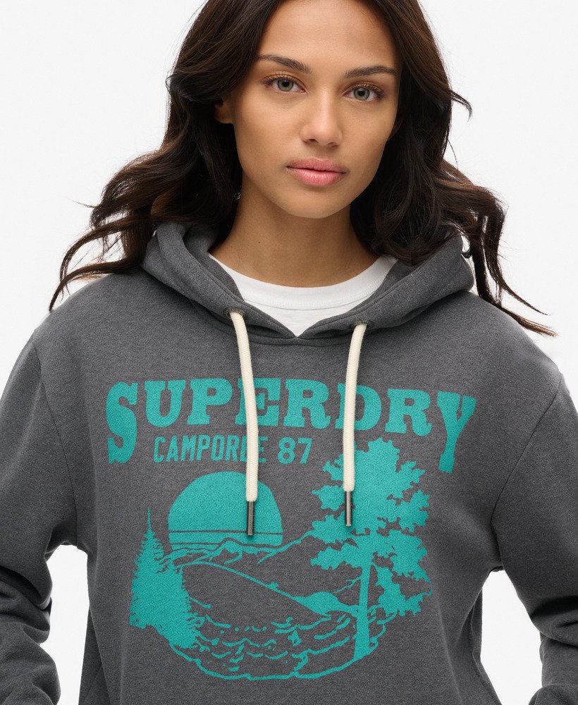 moletom oversized com capuz e estampa para atividades ao ar livre na cor cinza granito mesclado.