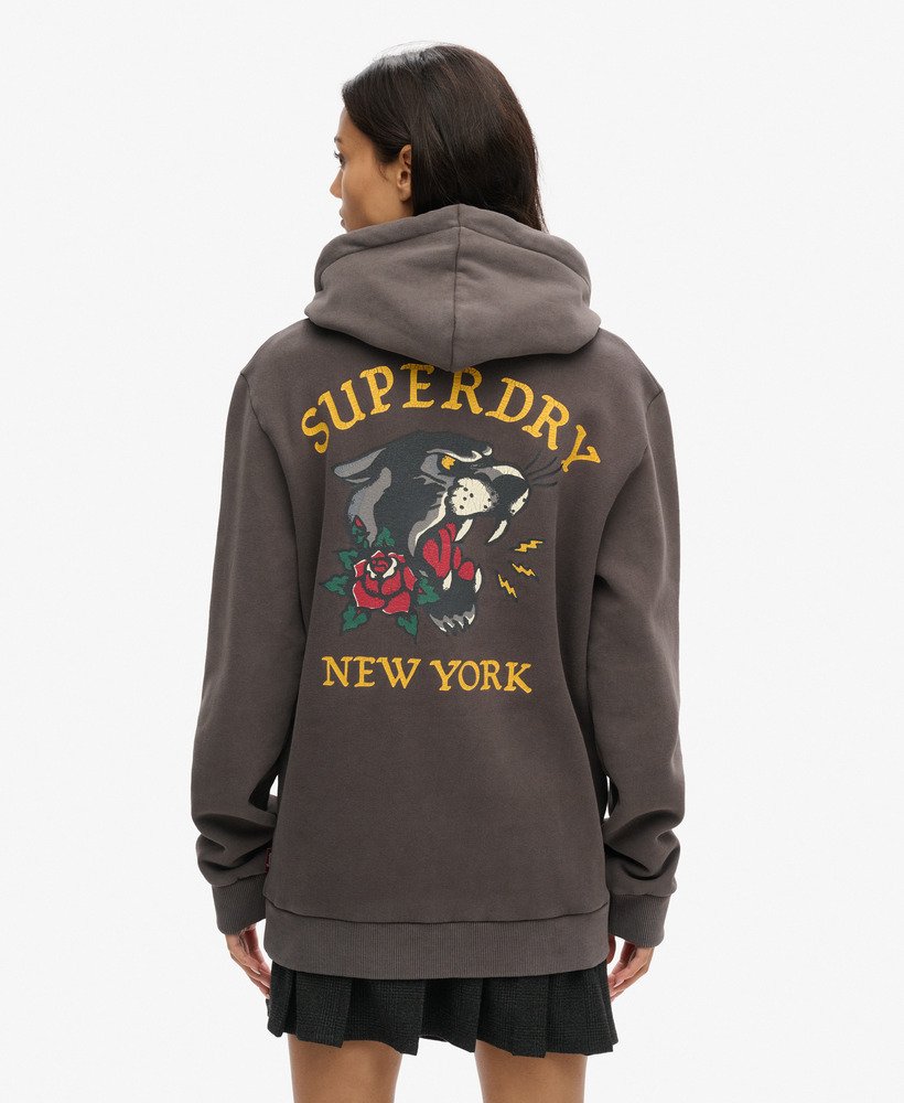 moletom com capuz oversized com estampa de tatuagem nas costas na cor preto vintage