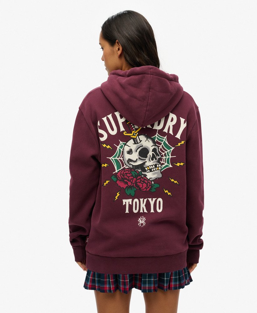 moletom com capuz oversized com estampa de tatuagem nas costas na cor roxa figo