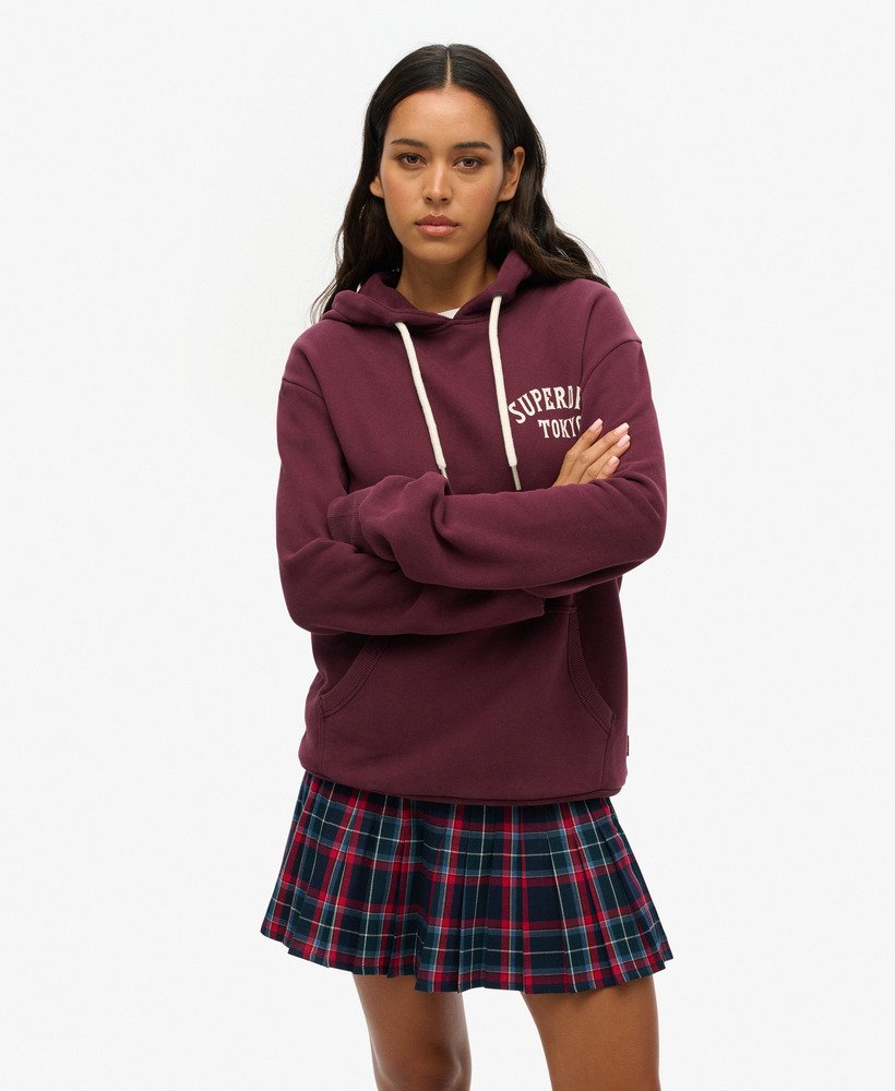 moletom com capuz oversized com estampa de tatuagem nas costas na cor roxa figo