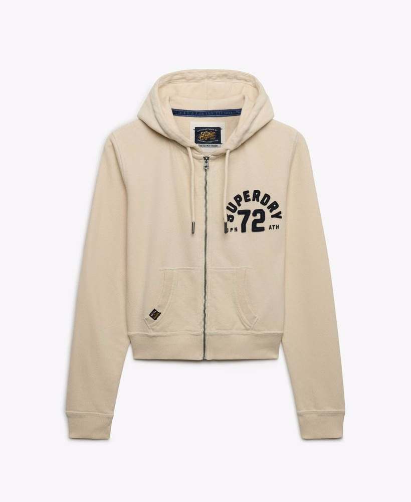 Moletom cropped com zíper, estilo esportivo e descontraído.
