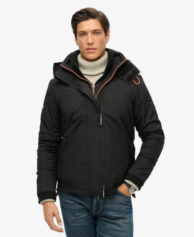 jaqueta corta-vento arctic sd com capuz e zíper frontal na cor pretolaranja fluorescente