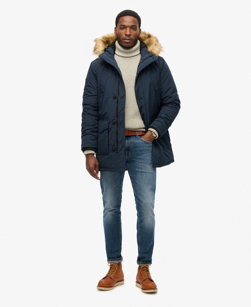 parka com capuz everest em pele sintética na cor nordic chrome navy