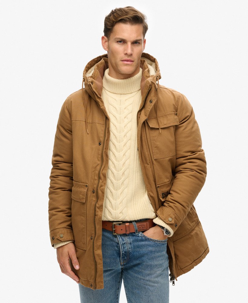 jaqueta parka com capuz workwear em denim co marrom tabaco