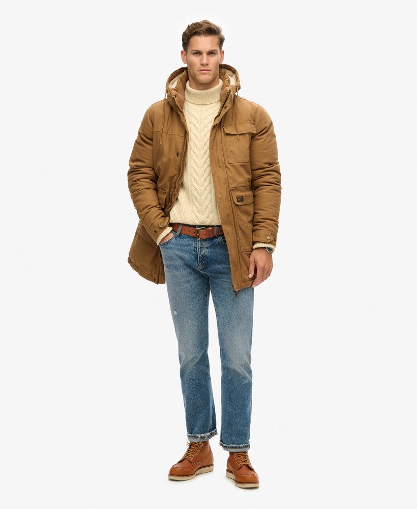 jaqueta parka com capuz workwear em denim co marrom tabaco