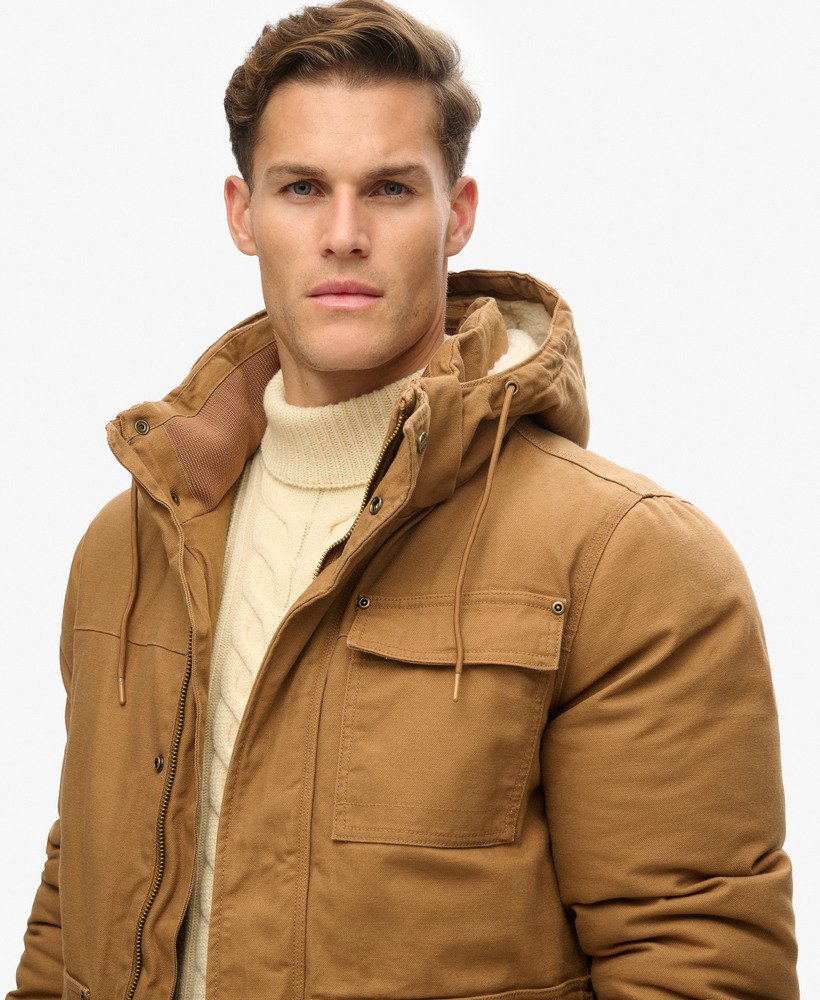 jaqueta parka com capuz workwear em denim co marrom tabaco