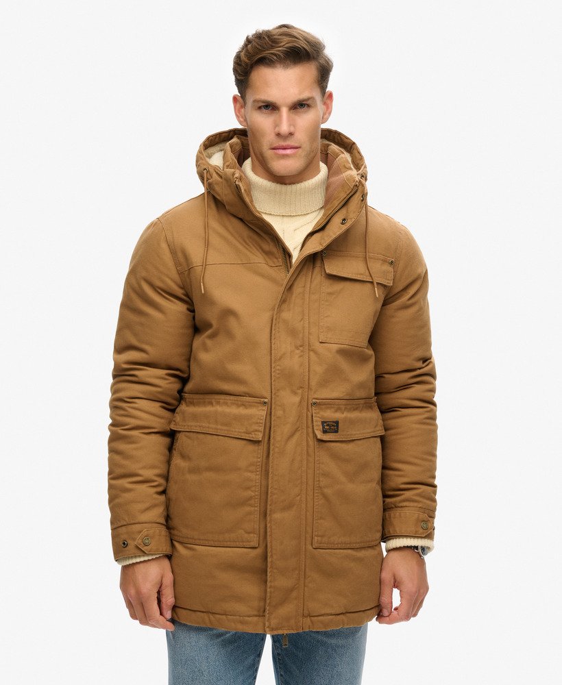 jaqueta parka com capuz workwear em denim co marrom tabaco