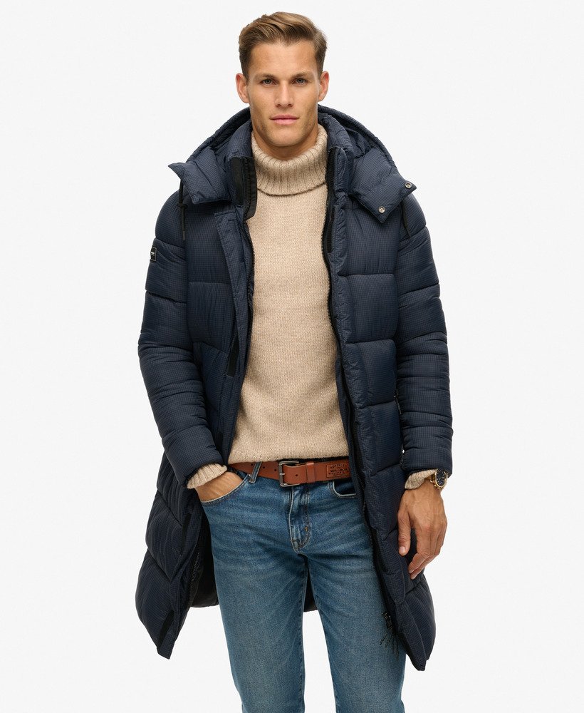casaco puffer longo em ripstop xadrez azul-marinho eclipse