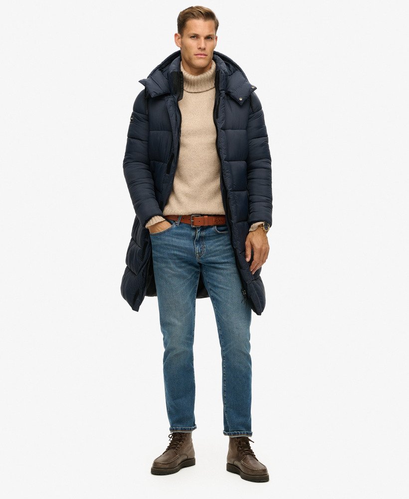 casaco puffer longo em ripstop xadrez azul-marinho eclipse