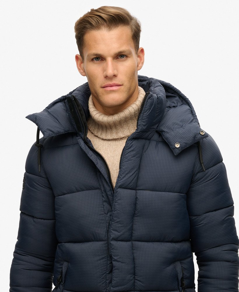 casaco puffer longo em ripstop xadrez azul-marinho eclipse