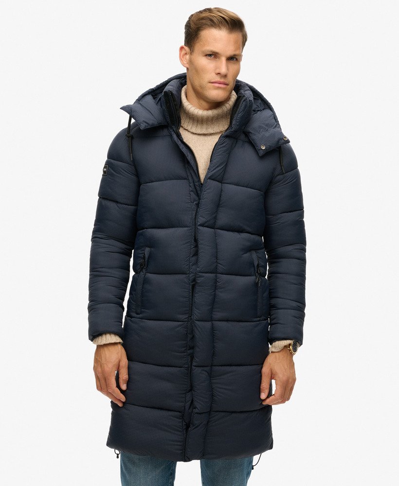 casaco puffer longo em ripstop xadrez azul-marinho eclipse
