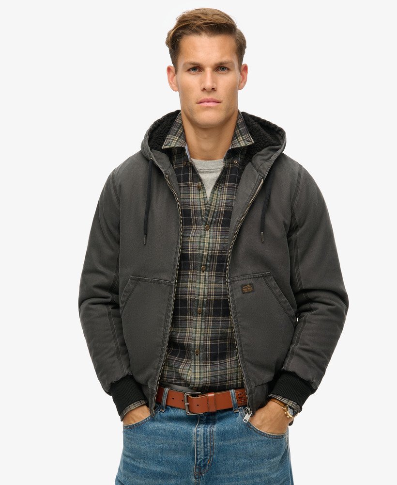 jaqueta bomber com capuz estilo vintage para trabalho na cor preta bison.