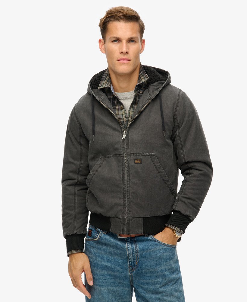 jaqueta bomber com capuz estilo vintage para trabalho na cor preta bison.