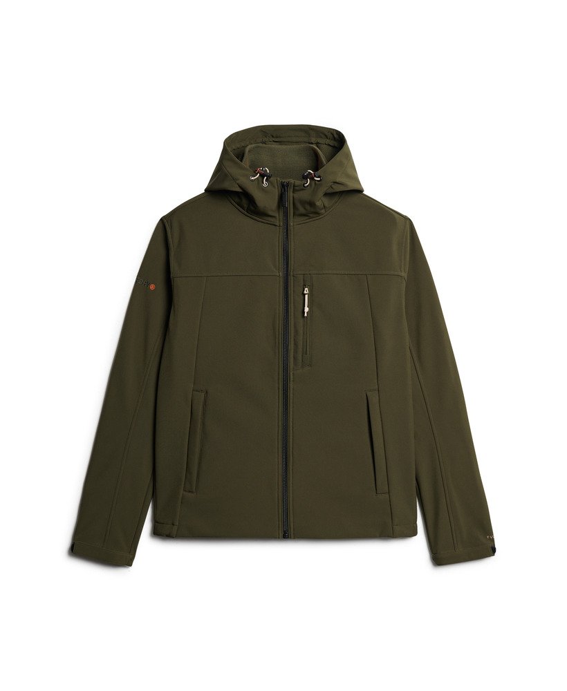 jaqueta trekker soft shell com capuz na cor cáqui militar