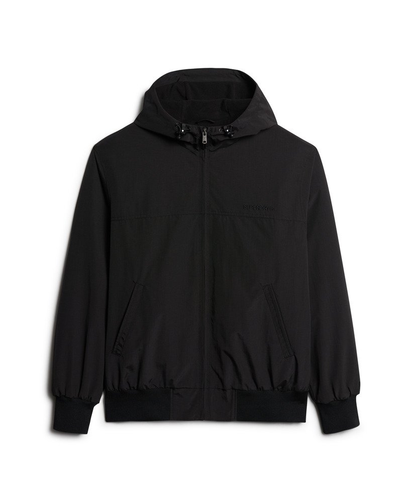 jaqueta bomber com capuz em nylon excedente na cor preto jato