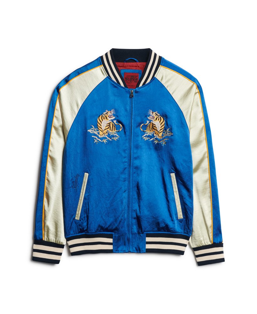 jaqueta bomber bordada sukajan na cor azul dodger.