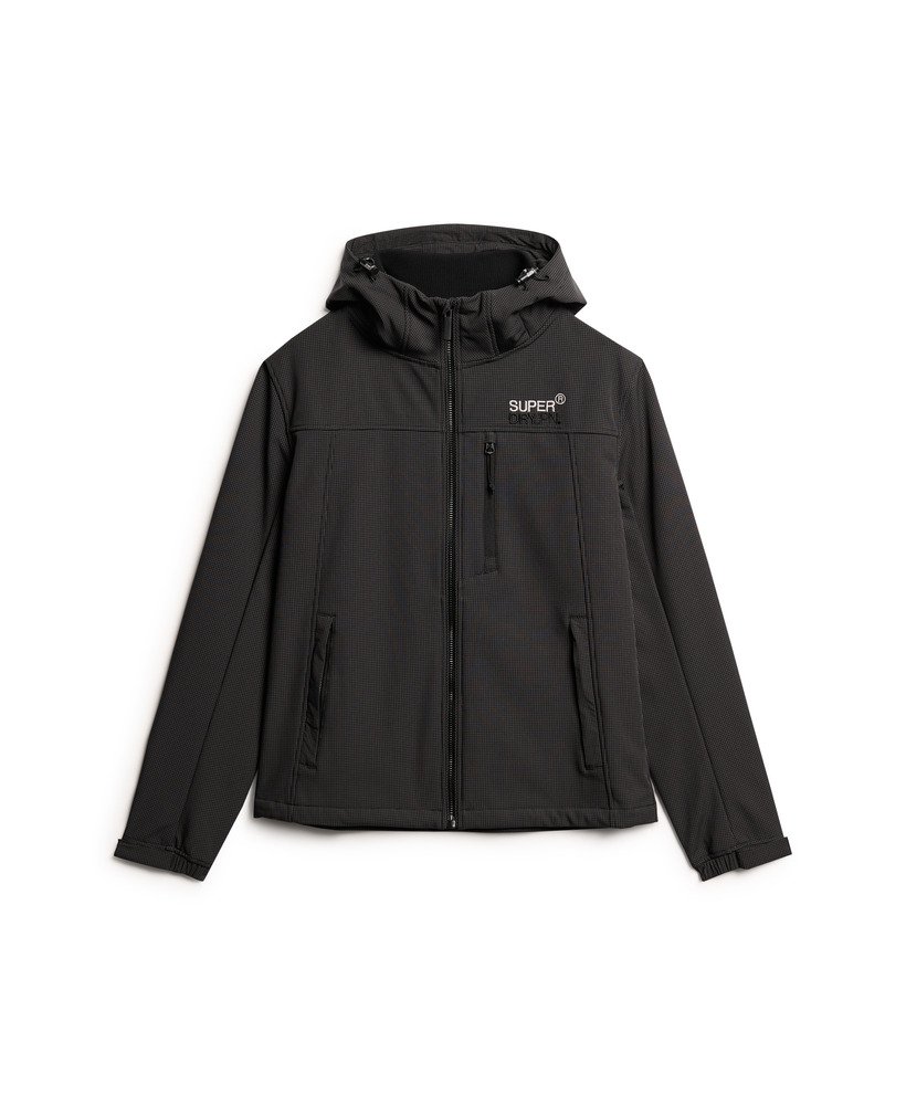 jaqueta trekker com capuz em softshell ripstop na cor preta