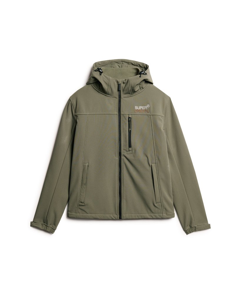 jaqueta trekker com capuz em softshell ripstop na cor verde oliva acinzentado
