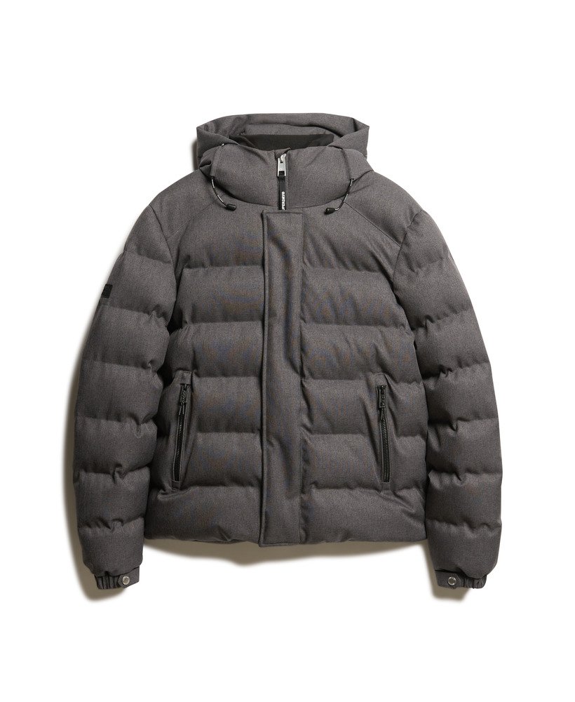 jaqueta esportiva puffer com capuz em tweed cinza mesclado.