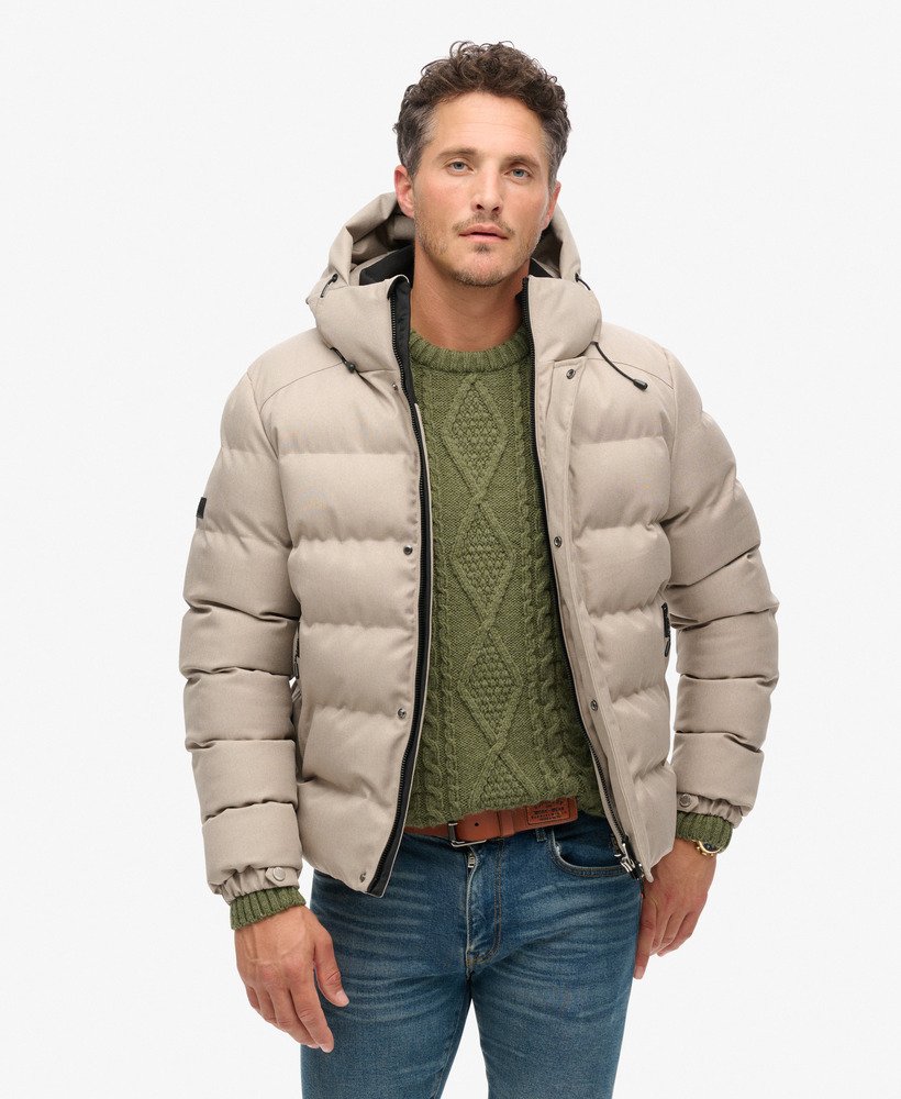 jaqueta esportiva puffer com capuz em tweed bege mesclado