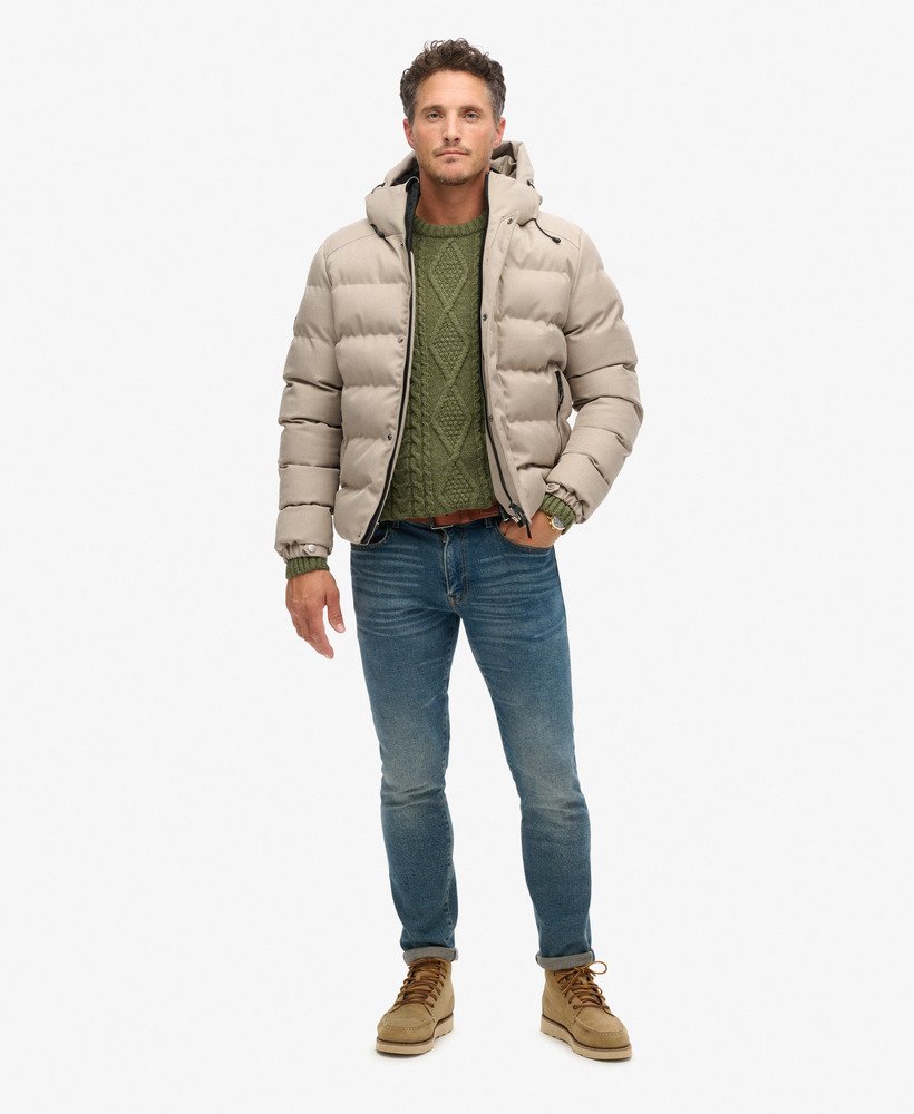 jaqueta esportiva puffer com capuz em tweed bege mesclado