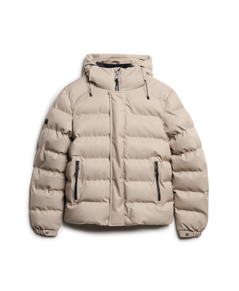 jaqueta esportiva puffer com capuz em tweed bege mesclado