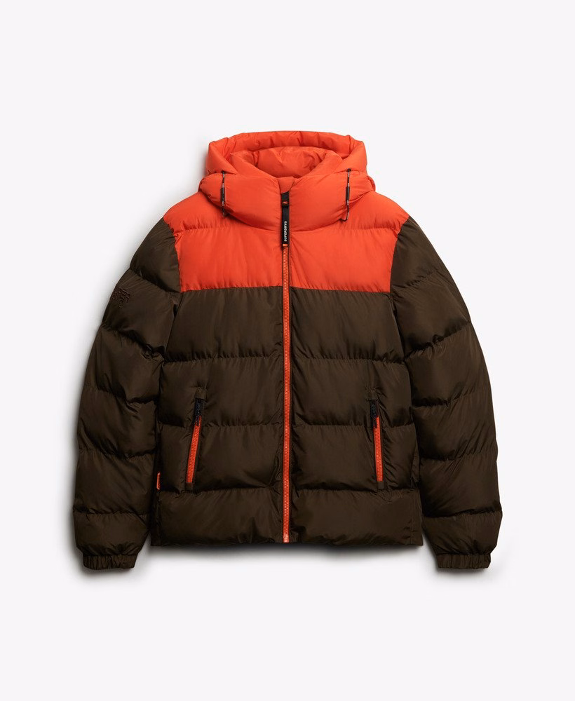 Jaqueta puffer com capuz em blocos de cores