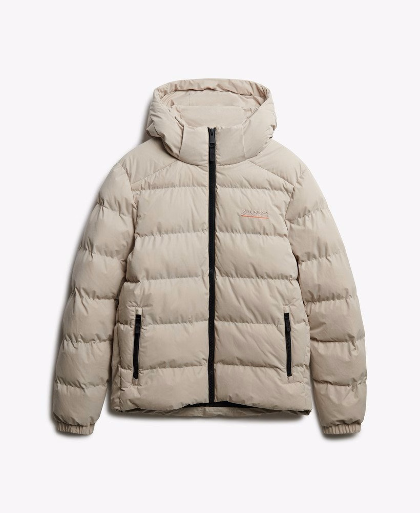 Jaqueta puffer esportiva com capuz em microfibra