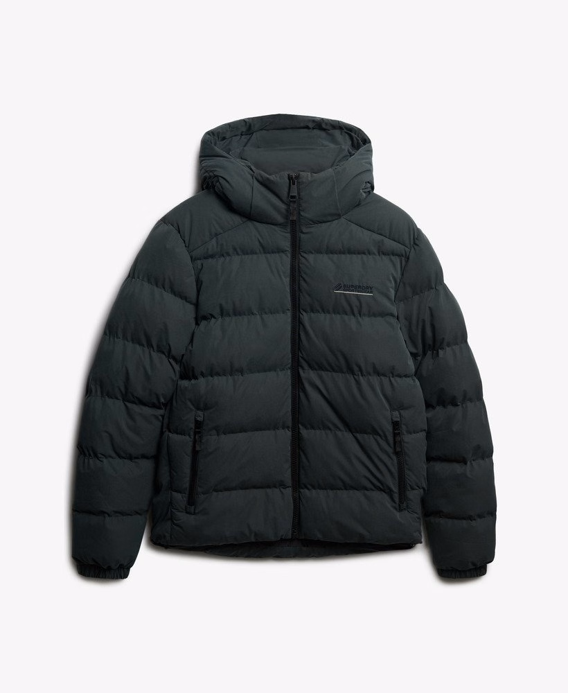 Jaqueta puffer esportiva com capuz em microfibra