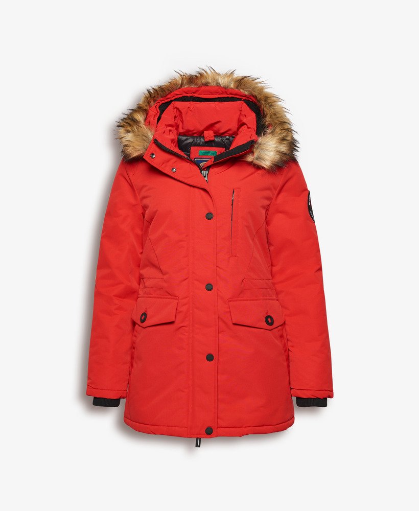 casaco parka com capuz everest em pele sintética na cor vermelho de alto risco.