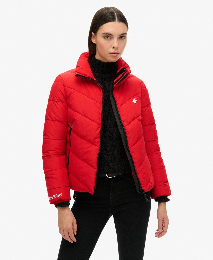 jaqueta esportiva puffer sem capuz na cor vermelho risco.