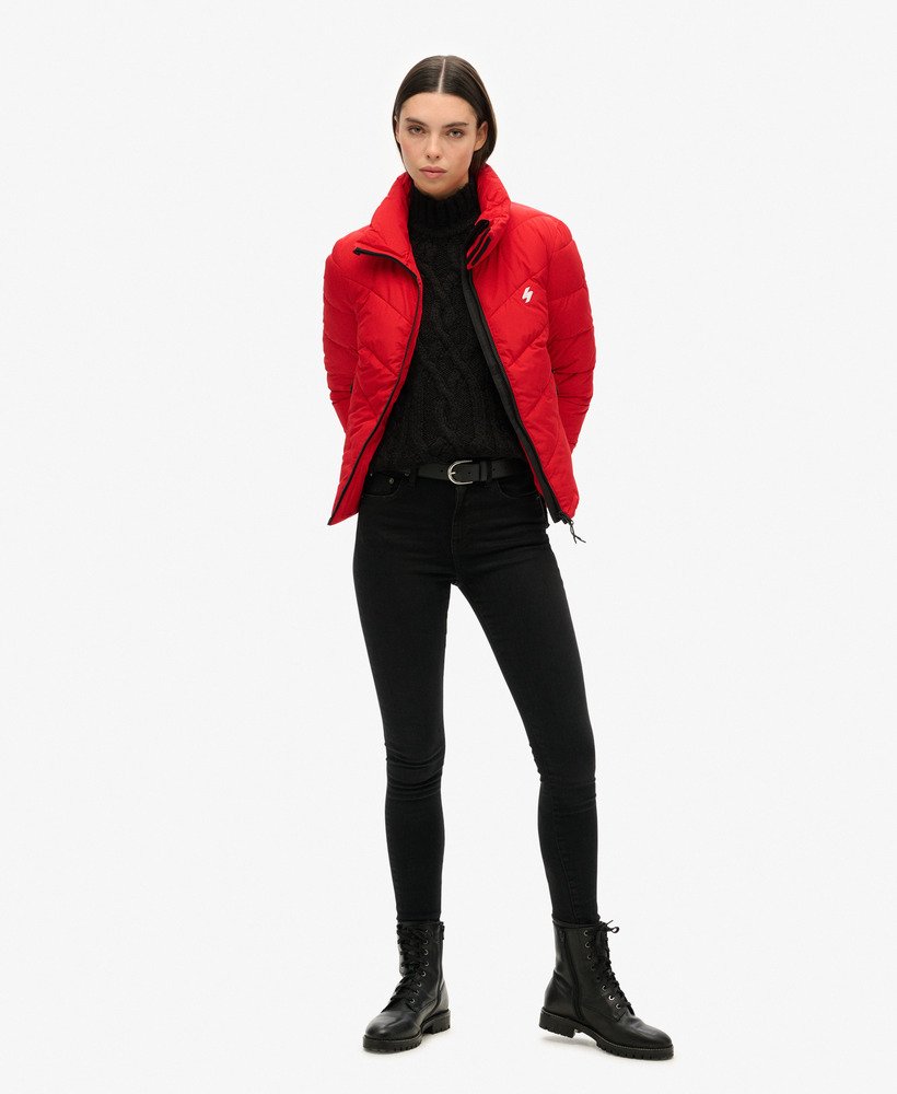 jaqueta esportiva puffer sem capuz na cor vermelho risco.