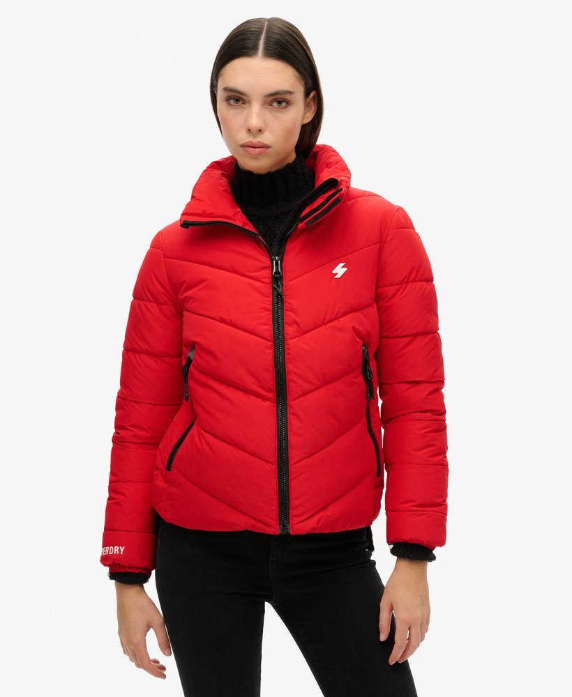 jaqueta esportiva puffer sem capuz na cor vermelho risco.
