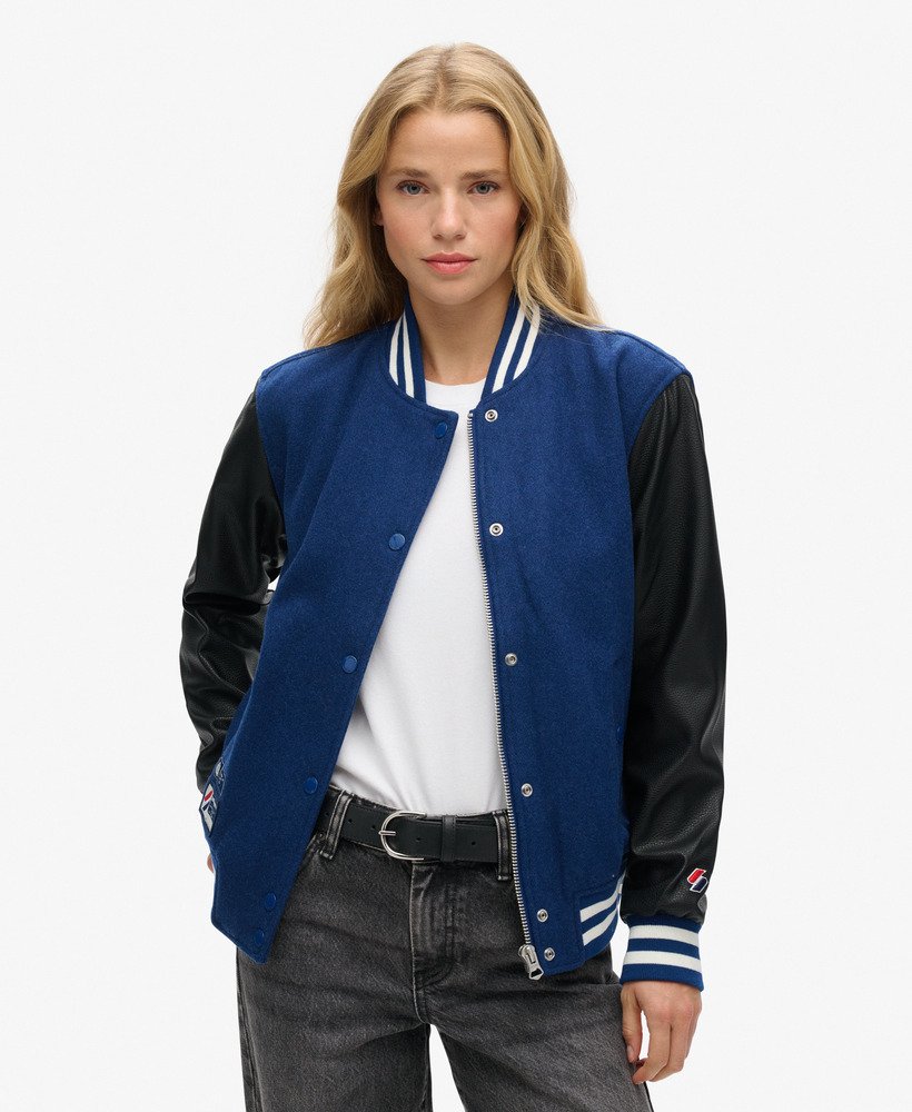 jaqueta estilo colegial de lã com estampa varsity arch colourblock