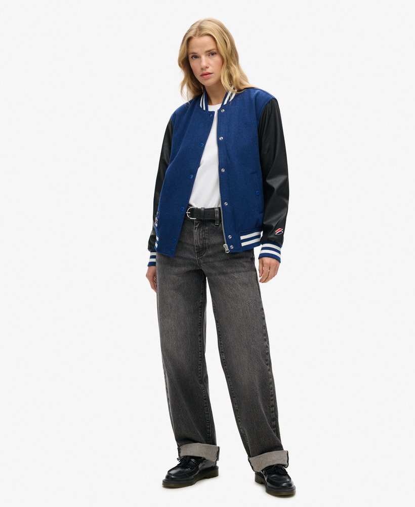 jaqueta estilo colegial de lã com estampa varsity arch colourblock