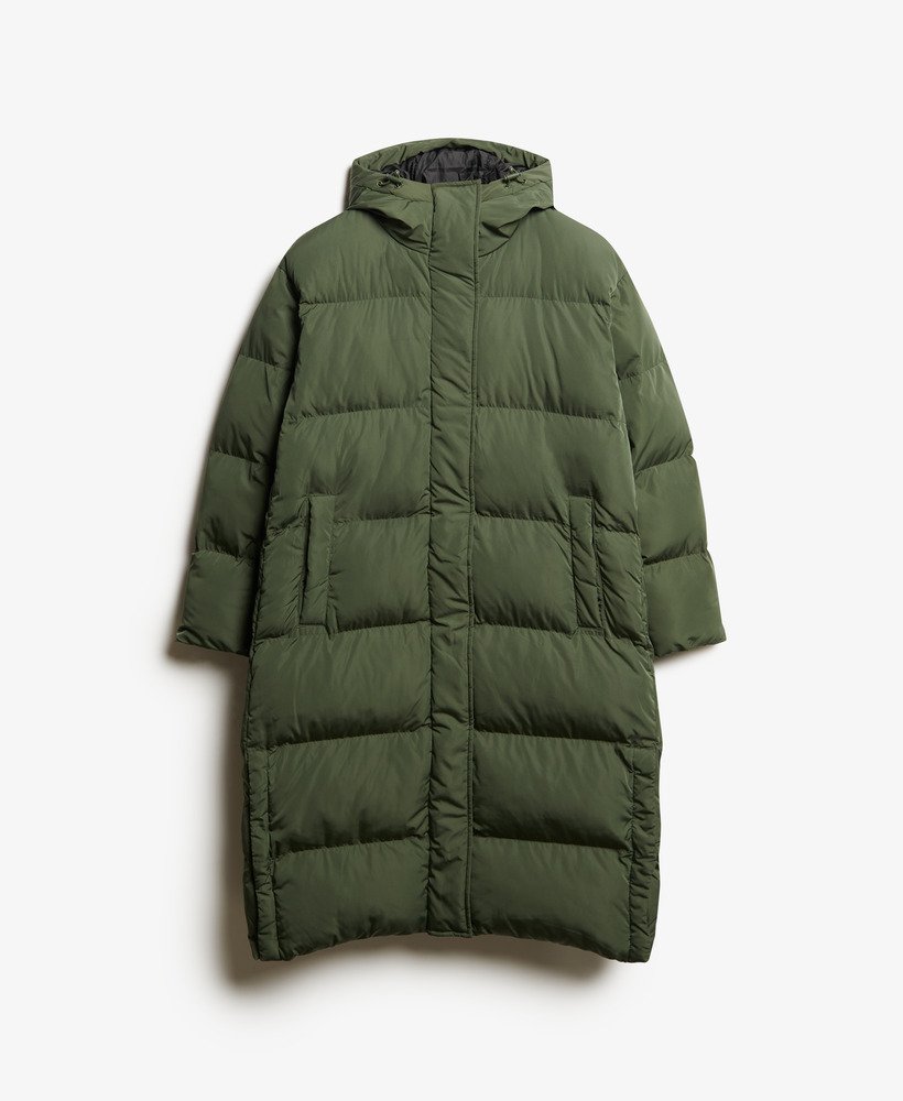 casaco puffer longo com capuz na cor tomilho.