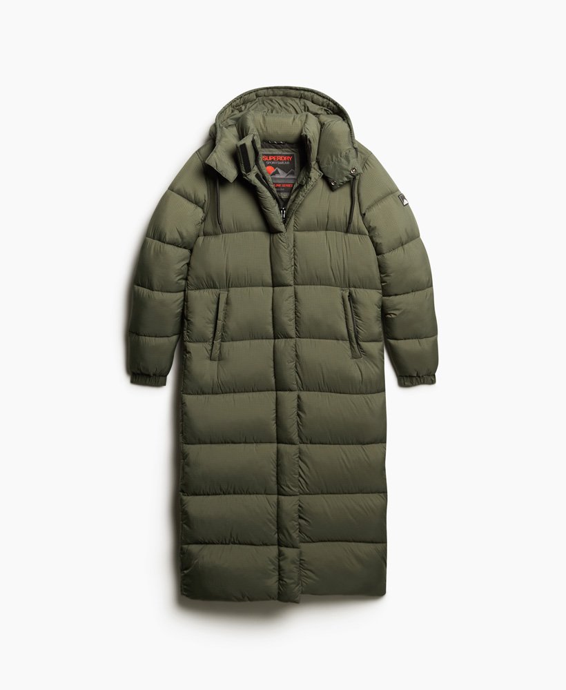 casaco puffer longo em ripstop na estampa football dark moss grid.
