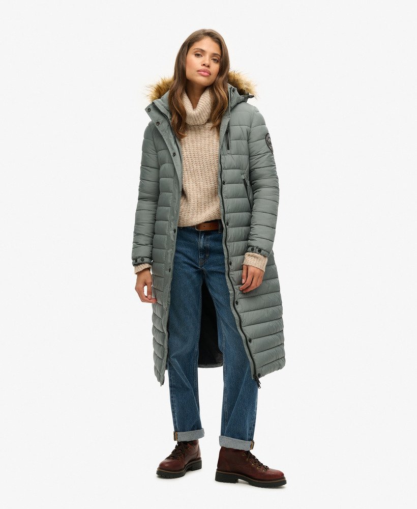 casaco puffer longo com capuz fuji na cor verde-bálsamo