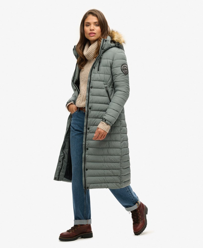 casaco puffer longo com capuz fuji na cor verde-bálsamo