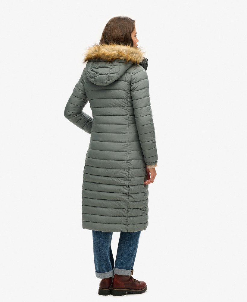 casaco puffer longo com capuz fuji na cor verde-bálsamo