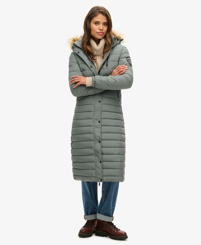 casaco puffer longo com capuz fuji na cor verde-bálsamo