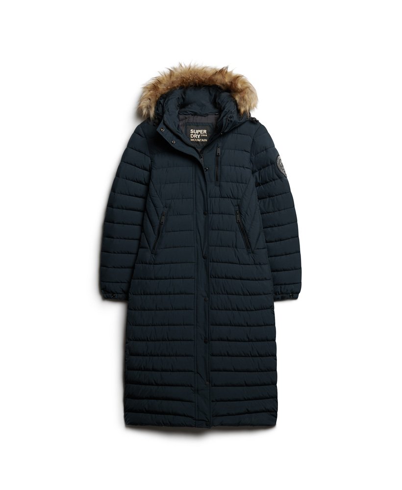 casaco puffer longo com capuz fuji na cor nordic chrome navy.