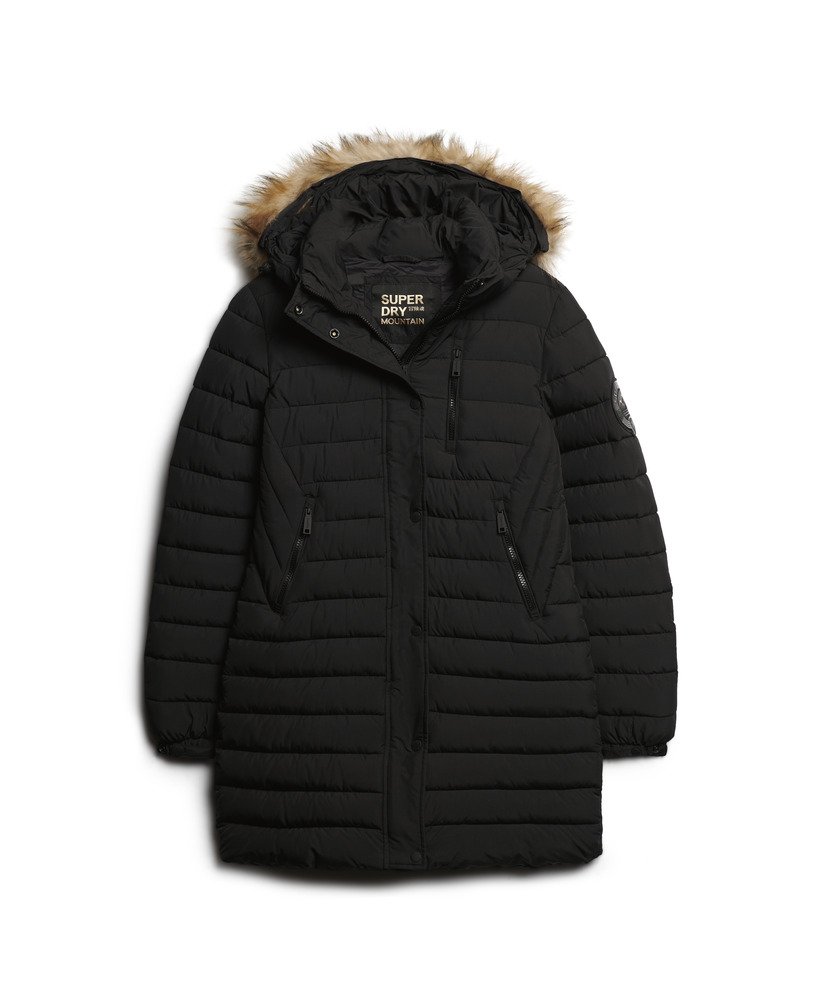 casaco puffer fuji com capuz e comprimento médio na cor preta.