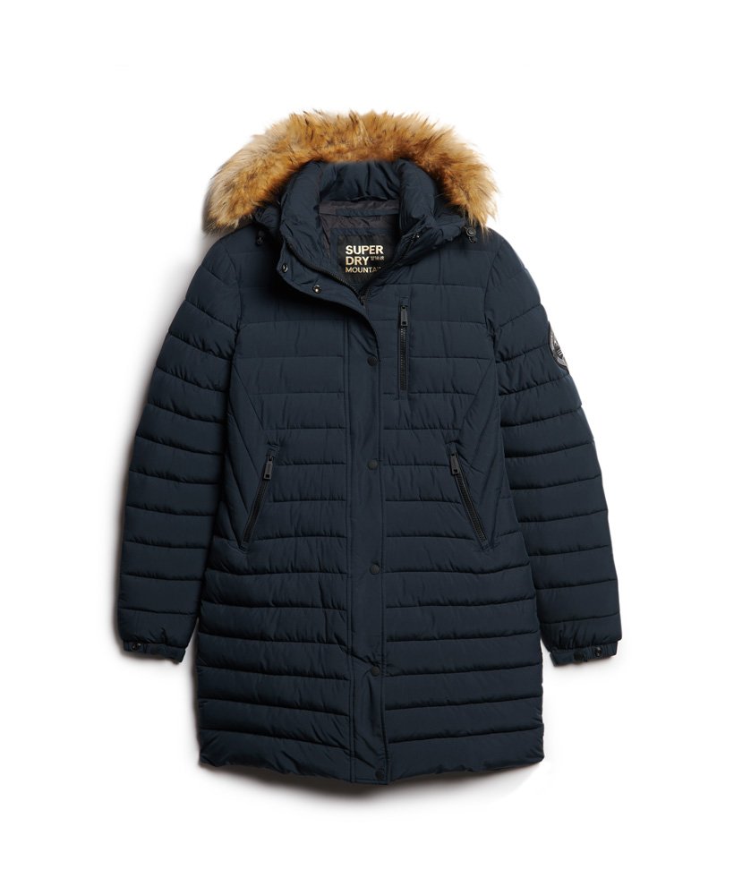 casaco puffer de comprimento médio com capuz fuji na cor nordic chrome navy.