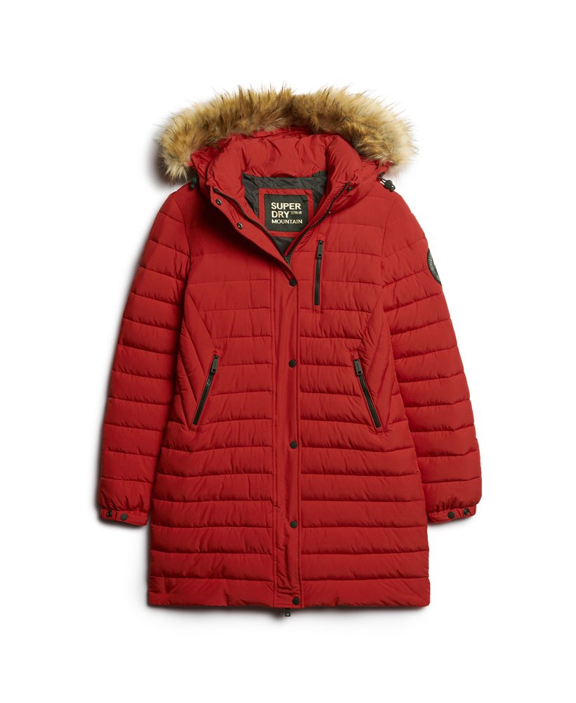 casaco puffer fuji com capuz e comprimento médio na cor vermelho universitário.